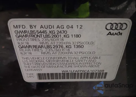 2012 Audi Q5 2.0T Premium из США, поврежденный, VIN WA1LFAFP6CA107388